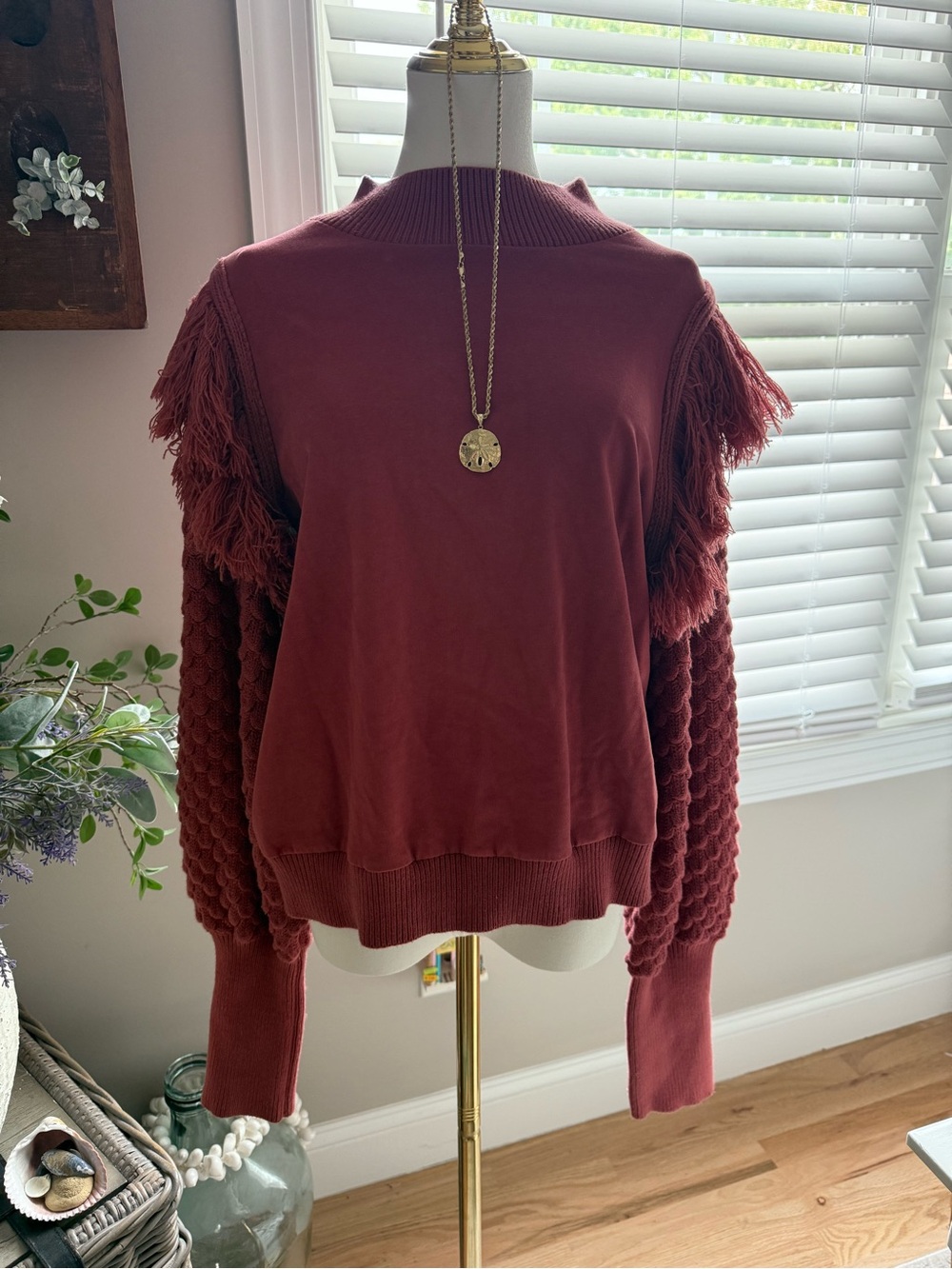 Anthropologie Fringed Cable-Sleeve Crewneck Sweater in Brick Red